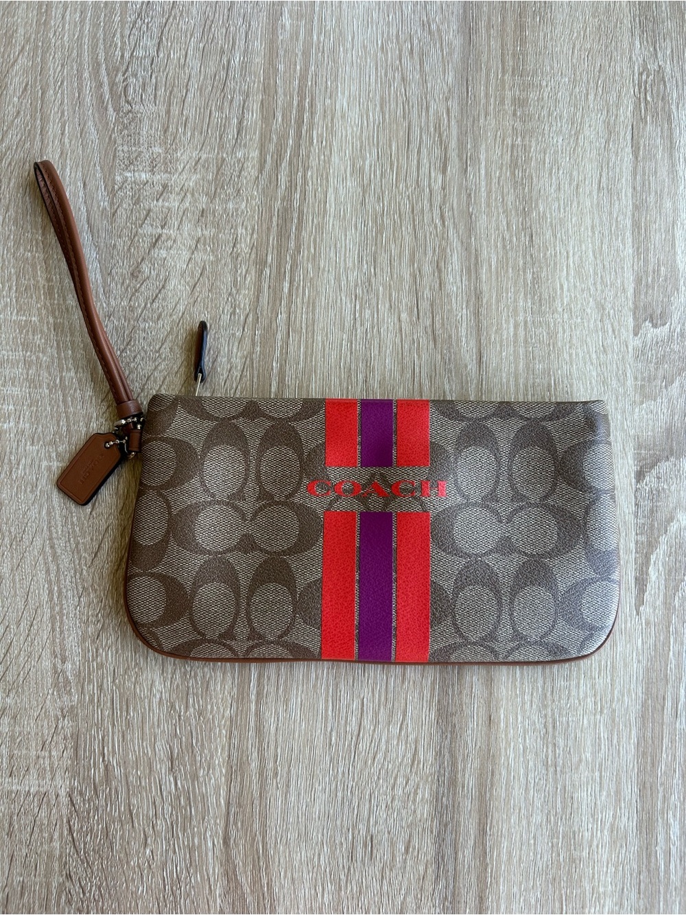 Coach Brown Signature Wristlet Wallet with Red and Purple Center Stripe
